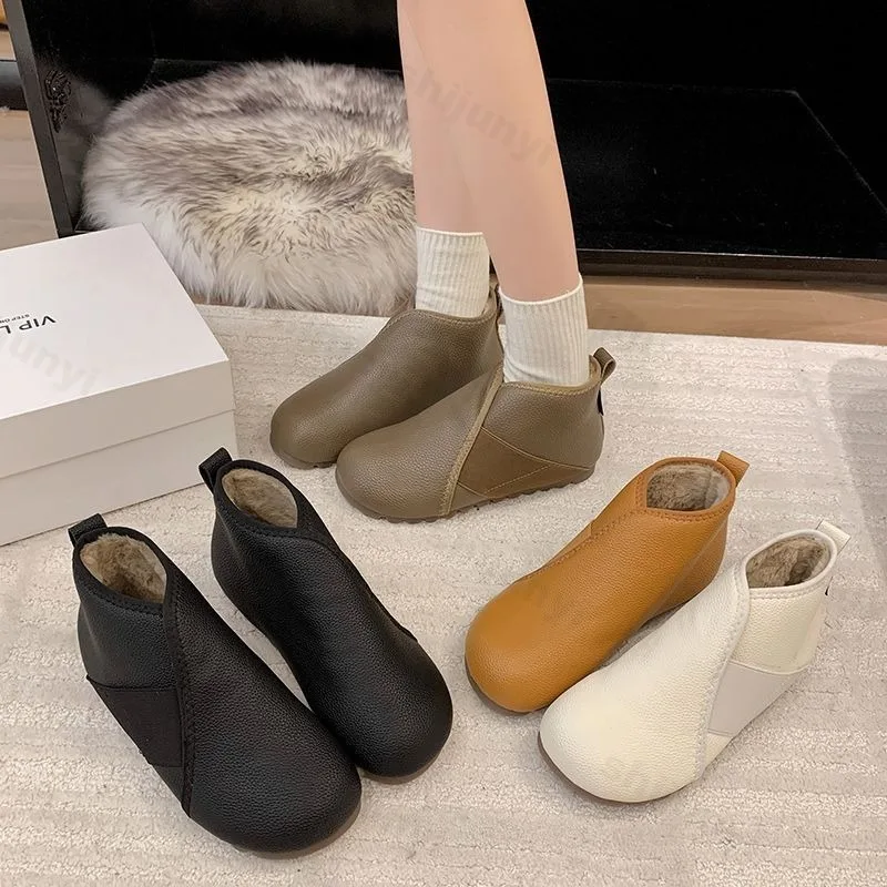 

2025 зимние теплые толстые плюшевые высокие нескользящие хлопковые туфли для женщин, винтажные однотонные универсальные удобные зимние ботинки на мягкой подошве