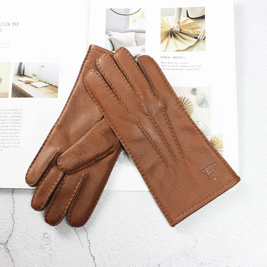 Deerskin Gloves Women\'s Leather Hand Stitched Fleece Lining Fall Winter Warm Ladies Vintage Simple Style Finger Gloves