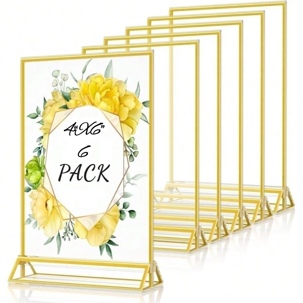 6 Pack 4x6 Acrylic Sign Holders Double Sided Gold Frame Clear Plastic Picture Frames Vertical Table Menu Display Stands for Wedd