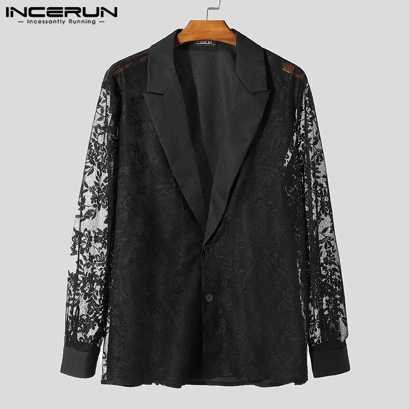 INCERUN Handsome Mens Tops Sexy See-through Lace Patchwork Suit Coats Leisure Male All-match Thin Long Sleeved Blazer S-5XL 2024