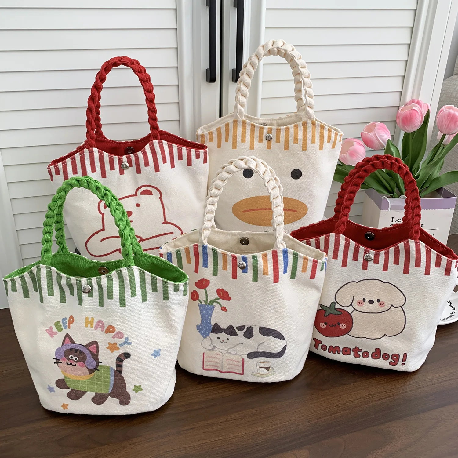 

Cute Cartoon Canvas Bucket Bag, High-value Handheld Snack Pouch, Large Capacity Casual Outdoor Basket Tote Bag