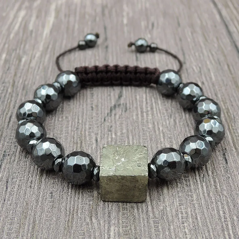 Natural Pyrite Square&Faceted Hematite Round Beads Bracelet Hand-knitted Centipede Knot