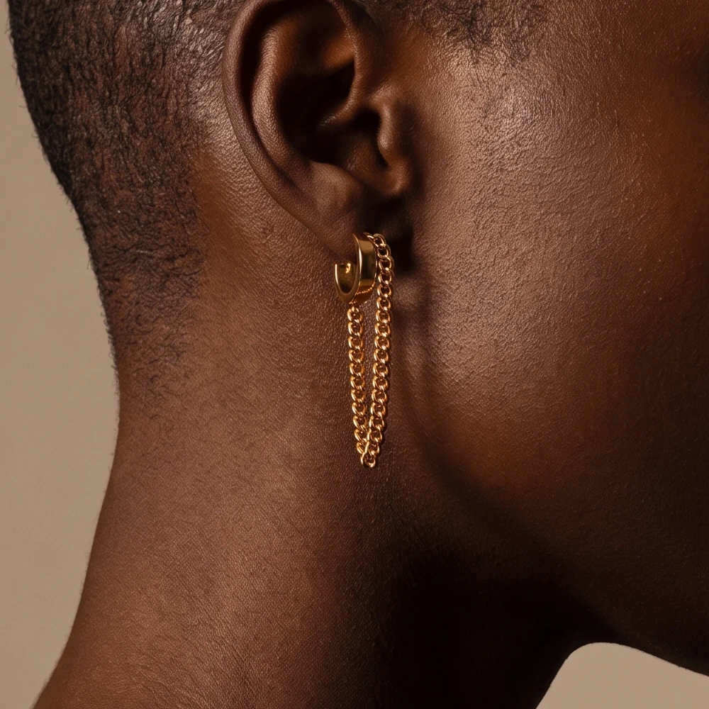 Stainless Steel Tassel Chain Wide C-shape Stud Earrings for Women 18K Gold Plated Geometric Hoop Huggie Earring Trendy Jewelry