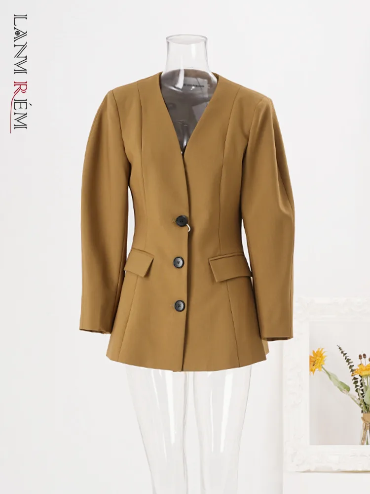 LANMREM Autumn Office Lady V Neck Blazer Women Long Sleeves Single Breasted Solid Color Coat Fashion 2024 New Clothing CP3212