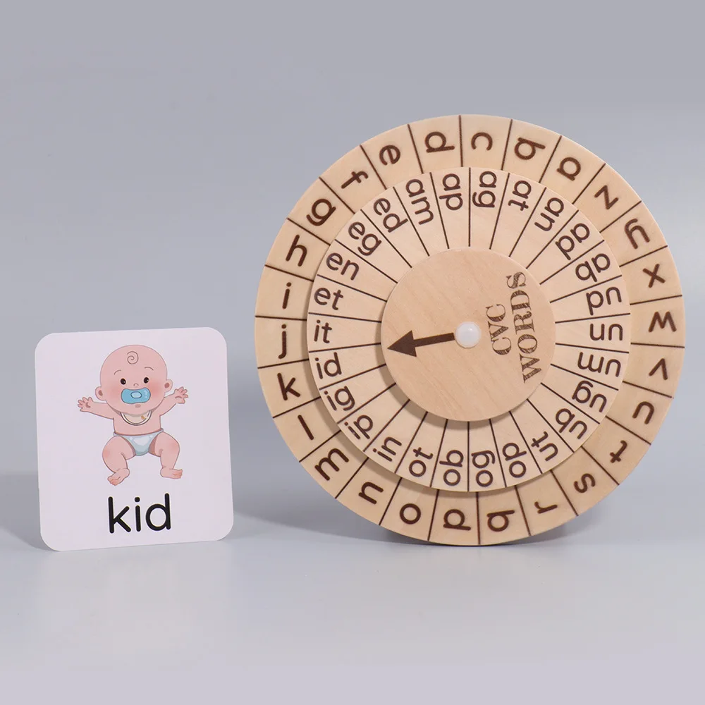 Wooden CVC Word Spelling Games Preschool Learning Activities Turning Rotating Wheel Board Montessori Educational Toys Gifts