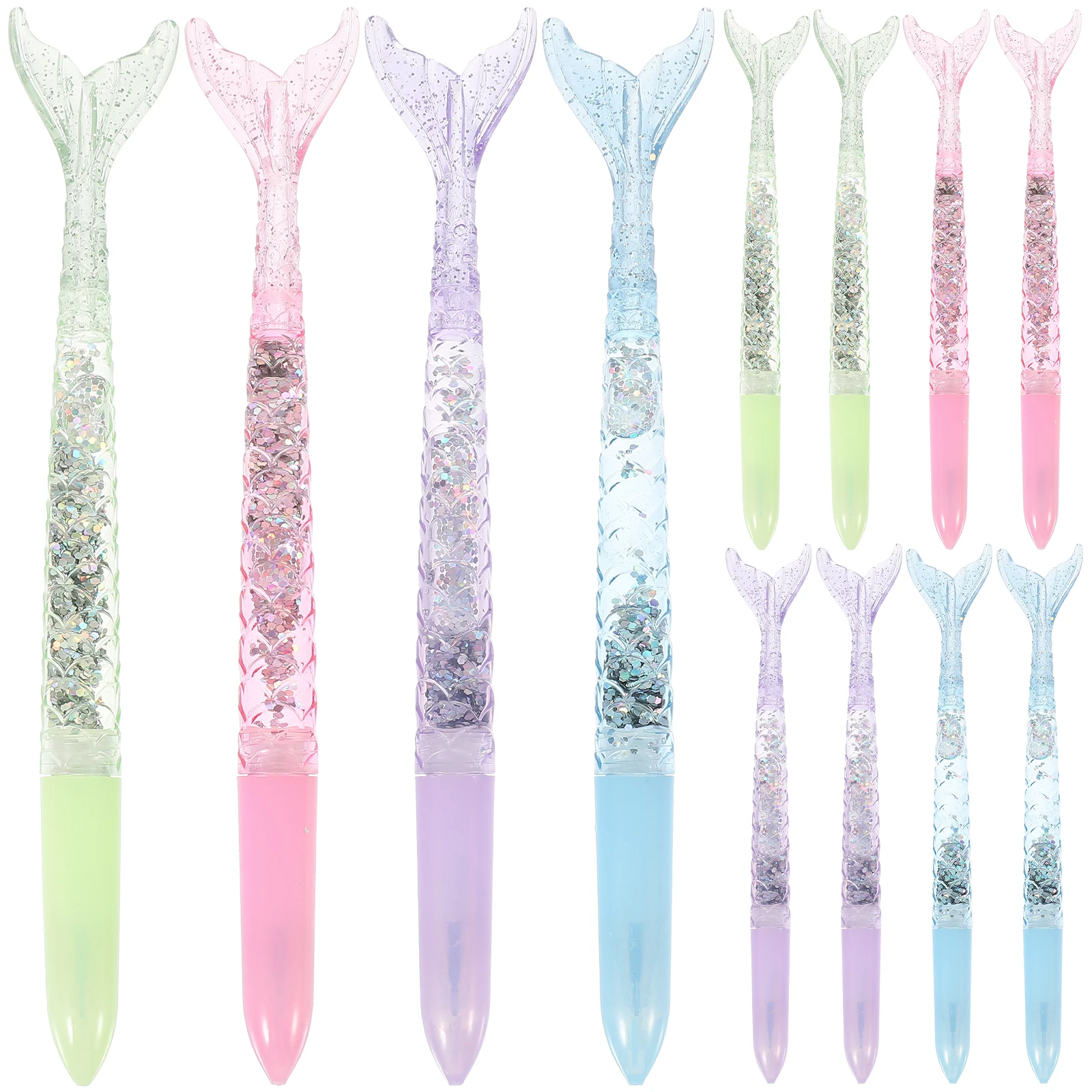 

12pcs Gradient Quicksand Pens Cute Cartoon Writing Stationery Gel Ink Holder for Kids Students Gifts Mermaid Favors