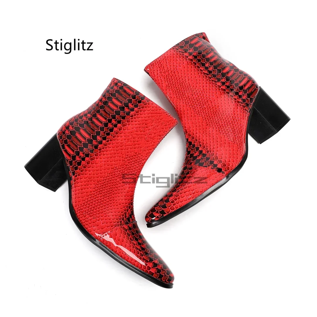 Red Alligator Pattern Men's Boots High Heeled Patent Leather Chelsea Boots Side Zipper Wedding Party Ankle Boots High Quality