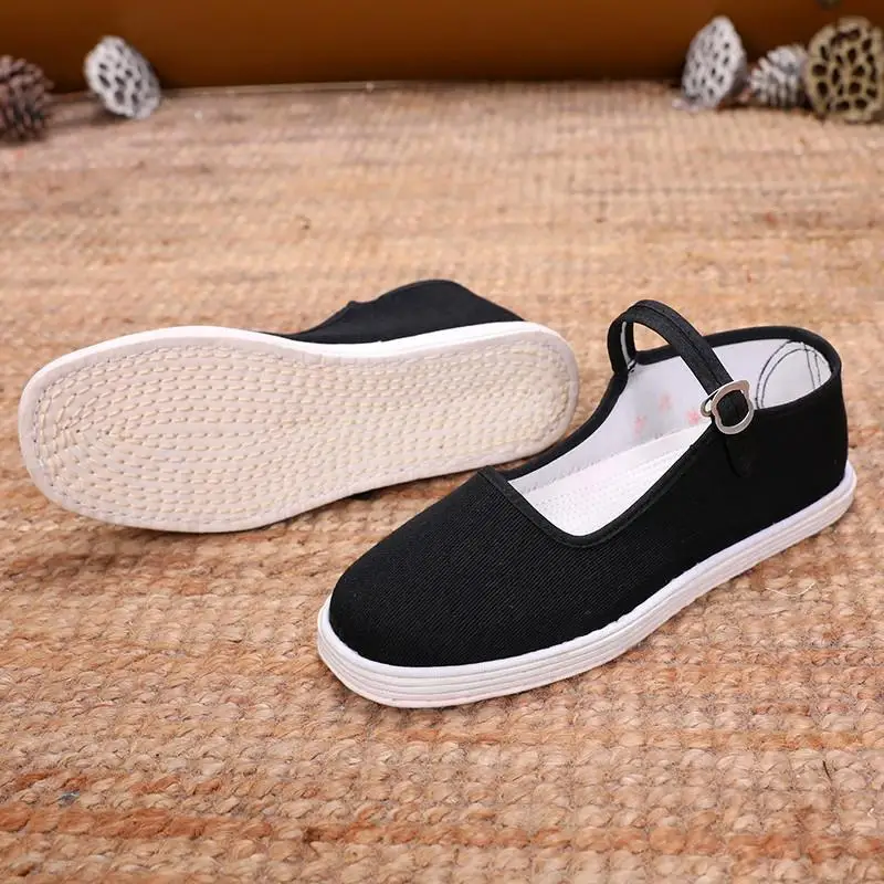 Handmade Ladies Black Square Mouth Cotton Shoes Pure Handcraft Breathable Slip-On Traditional Beijing Cloth Shoes Comfortable...