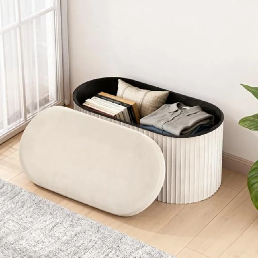 

Oval Folding Storage Ottoman, Velvet Upholstered Feet Rest, 30 x 15 x 15 Inch Storage Bench for Bedroom, Living Room and Entryw