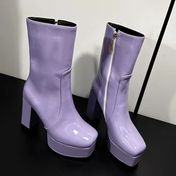 Shiny Patent Leather Material Square Toe Highthick Heel Plush Inner Lining Short Boots Platform Sewing Zipper Women's Ankle Boot