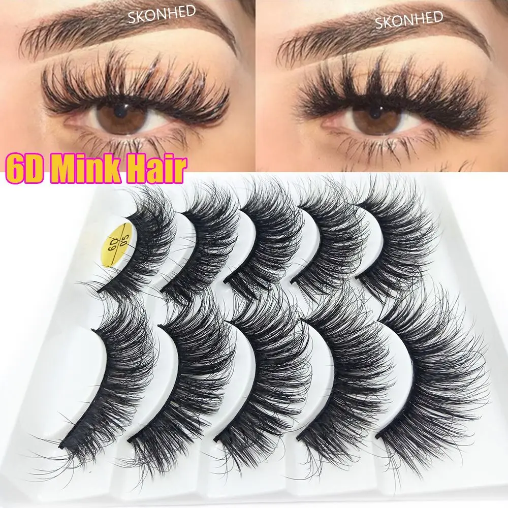SKONHED 5쌍 아이 메이크업 도구 자연스러운 긴 가늘고 풍성한 크리스크로스 6D 인조 밍크 헤어 속눈썹 연장 가짜 속눈썹