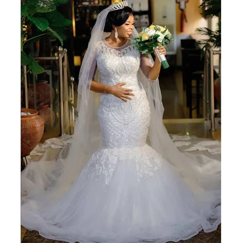Customized White Mermaid Wedding Bridal Dresses O Neck Half Sleeve Beading Lace Appliques Custom Made Wedding Gowns