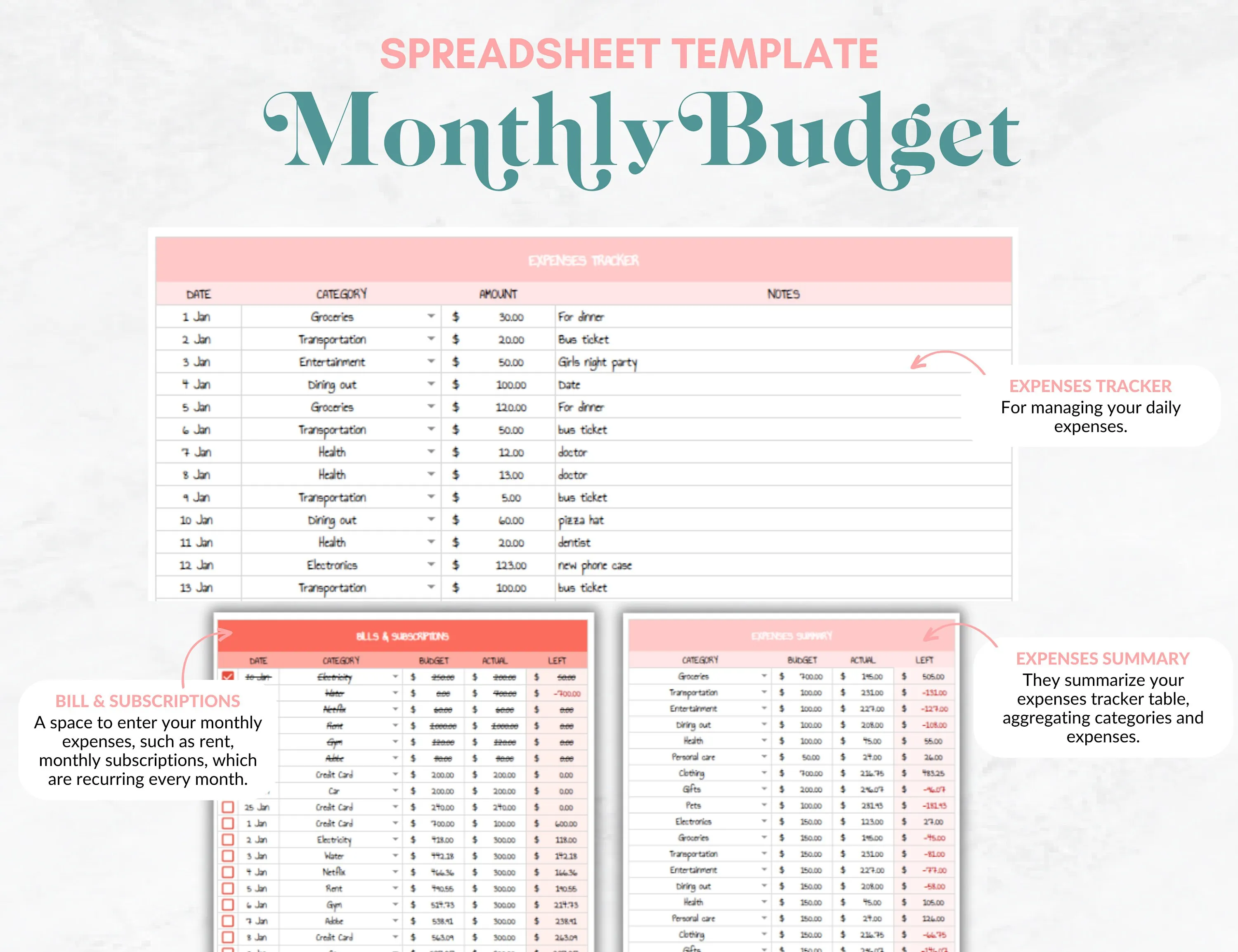 Tableau de budget pour le salaire |   Diviseur de factures budgétaires hebdomadaires |   Téléchargement numérique Excel Google Sheets, Planificateur familial, Organisateur annuel