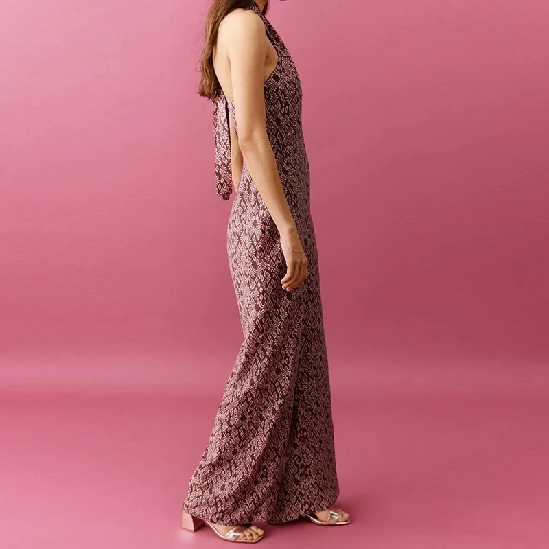 

Elegant Lady Slim Wide Leg Rompers Summer New High Waist Halter Playsuits Overalls Vintage Pattern Printed Off Shoulder Jumpsuit