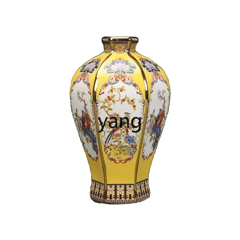 XYY imitation Qing Qianlong porcelain enamel flower and bird hexagonal bottle antique living room ornament