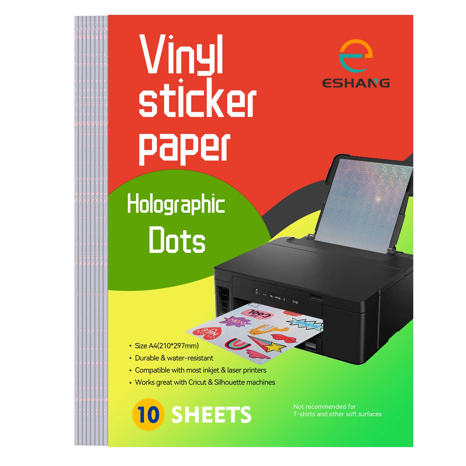 ESHANG 10 Sheets A4 Holographic Vinyl Sticker Printer Paper Dries Quickly Waterproof - 8.3 x 11.7 Inch, Dots Style