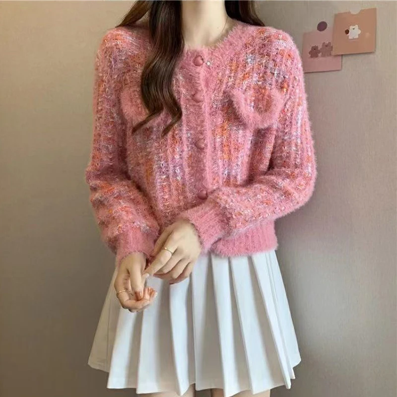 Women Clothing Winter Trendy Chic Sweet Streetwear Knitted Cardigan Female Casual O Neck Long Sleeve Loose Cropped Sweater Coat