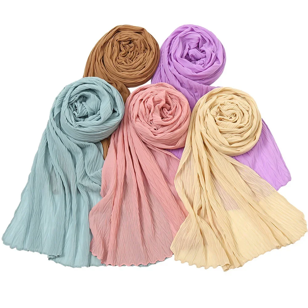 2022 New Bubble Chiffon Scarf Wrinkle Crinkle Hijabs For Muslim Women Soild Color Breathable Islamic Headscarf Arab Head Scarves