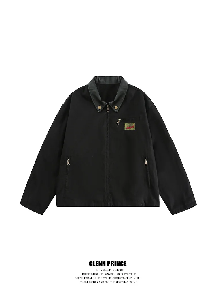 

American Retro Patchwork Collar Workwear Jacket for Men Spring Trendy Vintage Detroit Coat Youth Popular Loose Fit Outerwear