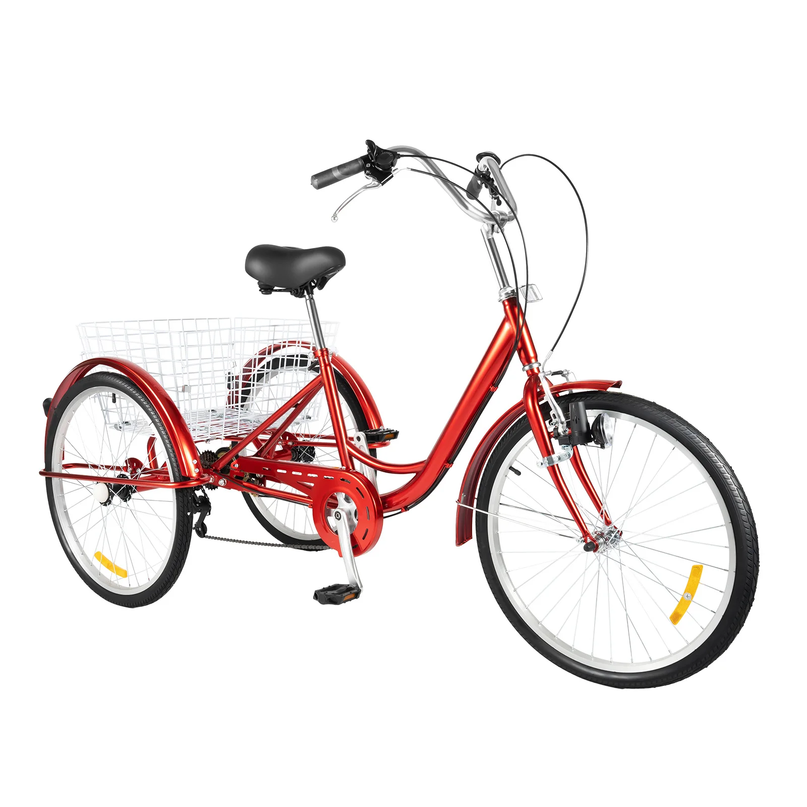 24 Inch Adult Tricycle with Lights City Bike 3 Wheel 6 Speed Adult Bike with Shopping Cart