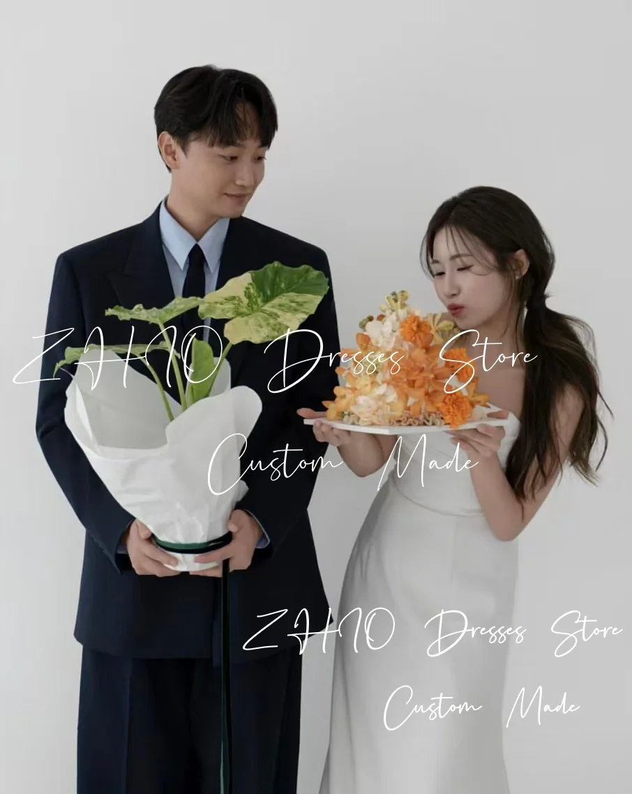 ชุดแต่งงานสีขาวเรียบง่ายแบบ ZHIO สายเดี่ยวทรงคอร์เซ็ท ทรงเอไลน์ ชายกระโปรงยาวแบบสวีปเทรน สไตล์เกาหลี สำหรับถ่ายภาพงานแต่งงานและงานเลี้ยงฉลอง สามารถสั่งตัดได้