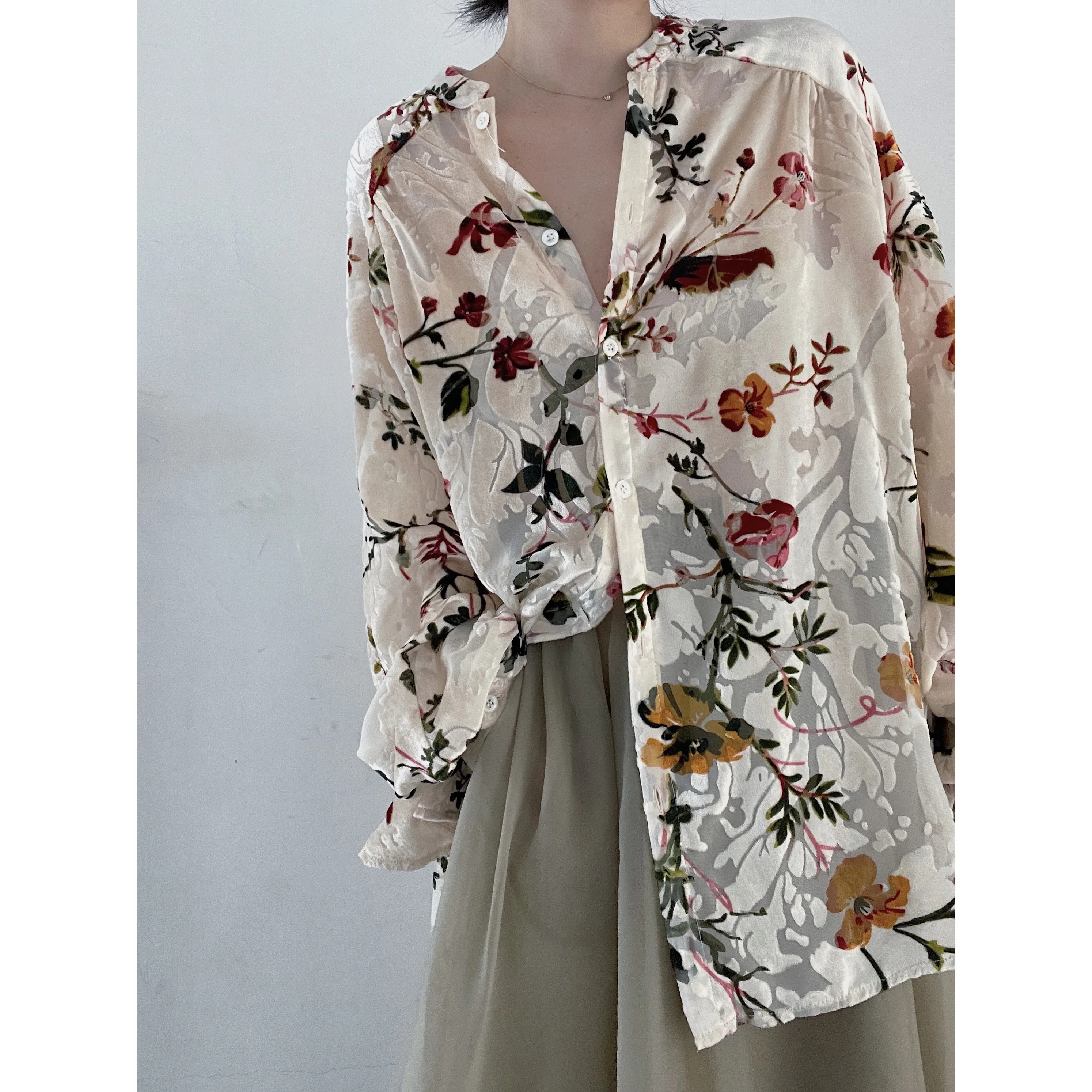 

Velvet Floral Print irt Glossy Micro Transparent Spring Summer Vintage Sle Women's Busin Casual Loose Fit Long Sve
