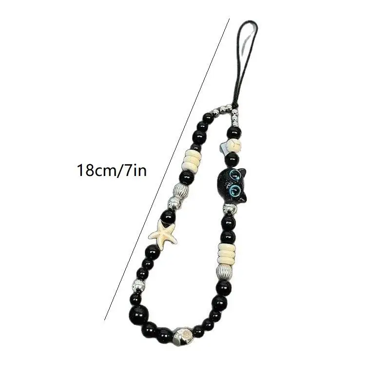 Schwarzes Handy-Lanyard mit Cartoon-Katzen-Motiv, Anti-Verlust-Seil, Handgelenkschlaufe, Perlenarmband-Design, Plüsch-Autoschlüsselanhänger, Taschenzubehör – Detail 8