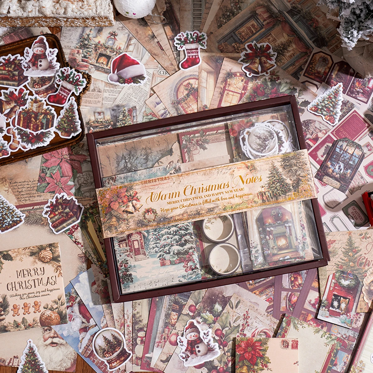 Vintage Christmas Scrapbook Gift Box, Notebook Stickers Washi Tape Paper for Journal DIY Craft Xmas Holiday Gift Decor