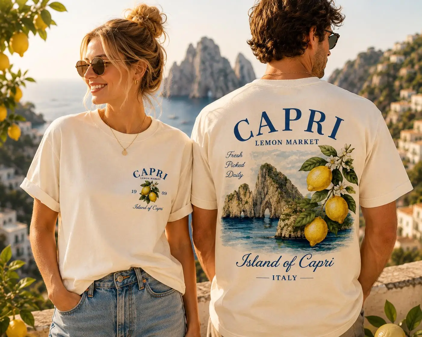Capri T-Shirt Men Women Vintage Summer Shirt Italy Holiday Lemons Amalfi Coast Mediterranean Lemon Cotton T-Shirt