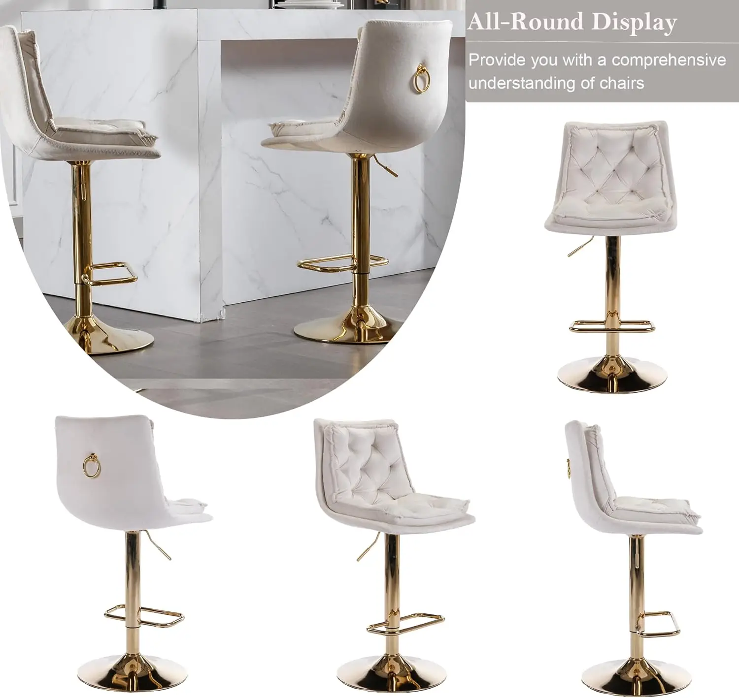 25-33 Inch Velvet Swivel Bar Stools Back, Velvet Upholstered Adjustable Bar Height Barstool Counter Height Stools Island Chairs