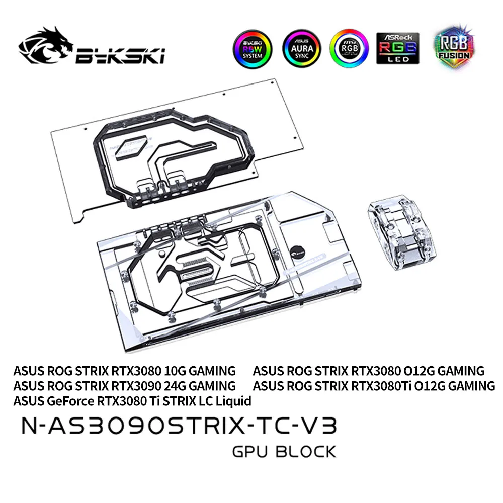 Bykski GPU bloque de refrigeración por agua personalizado para ASUS ROG STRIX RTX 3090 3080 Gaming, con plano posterior de vía navegable, N-AS3090STRIX-TC-V3