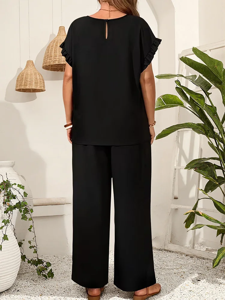 GIBSIE Plus Size Summer Short Sleeve Round Neck Loose Top and Wide Leg Pants Women Solid Two Piece Set Casual Vacation Outfit