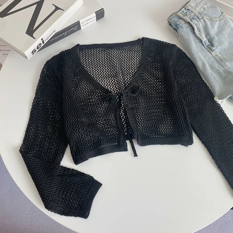 Laço frontal colheita topo manga longa pura malha aberta cardigan blusas cobrir verão primavera feminino adolescente y2k 90s outfit