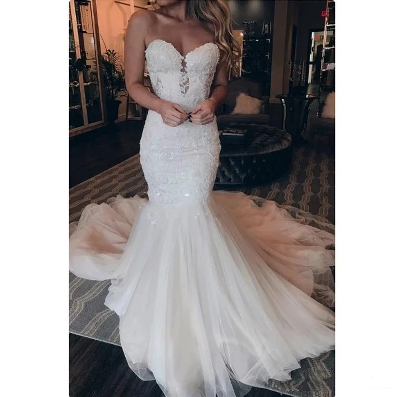 

ANGELSBRIDEP Sweetheart Mermaid Wedding Dresses Robe de mariee Sexy See-Though Back Court Train Formal Bridal Wedding Gowns HOT