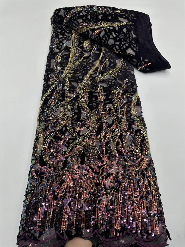 

Нигерийская роскошная бархатная ткань с пайетками и кружевом, высококачественная африканская ткань с тяжелой вышивкой бисером для женских вечерних платьев