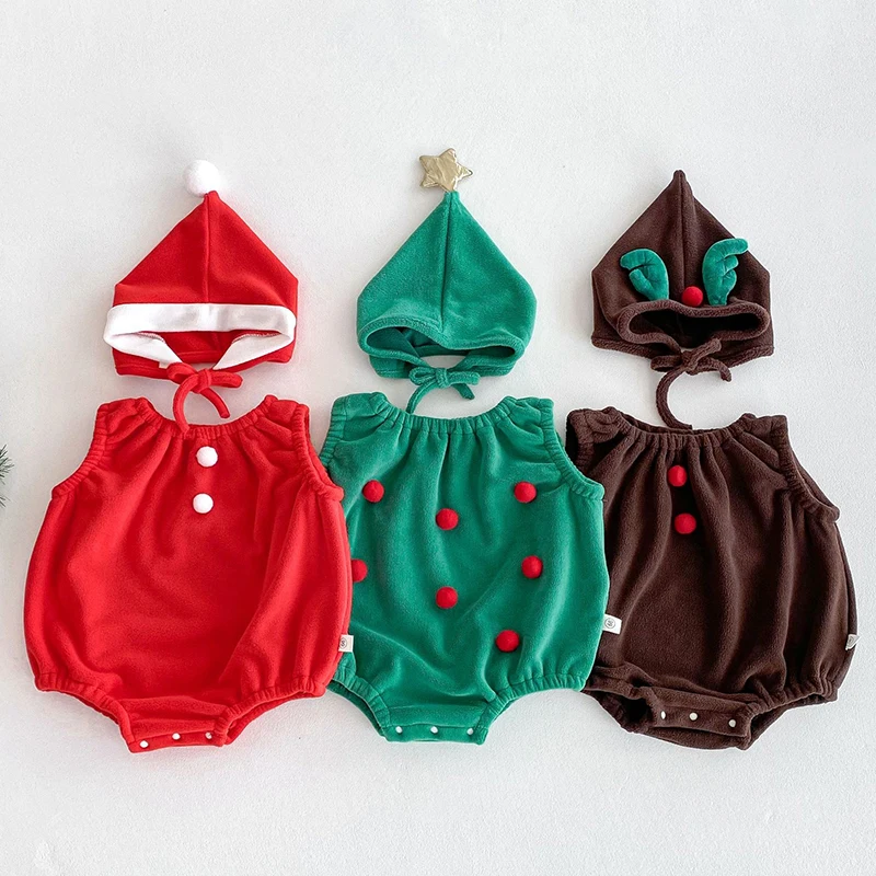 2024 New Christmas Costume Newborn Baby Boys Girls Bodysuits+Hat New Year Clothing Set Infant Baby Boys Girls Velvet Jumpsuit