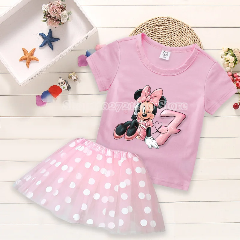 Camiseta de Mickey Minnie Mouse para niños, vestido de cumpleaños, conjuntos de moda de verano con dibujos animados, estampado de lunares, cuello redondo, ropa rosa, regalo para niñas