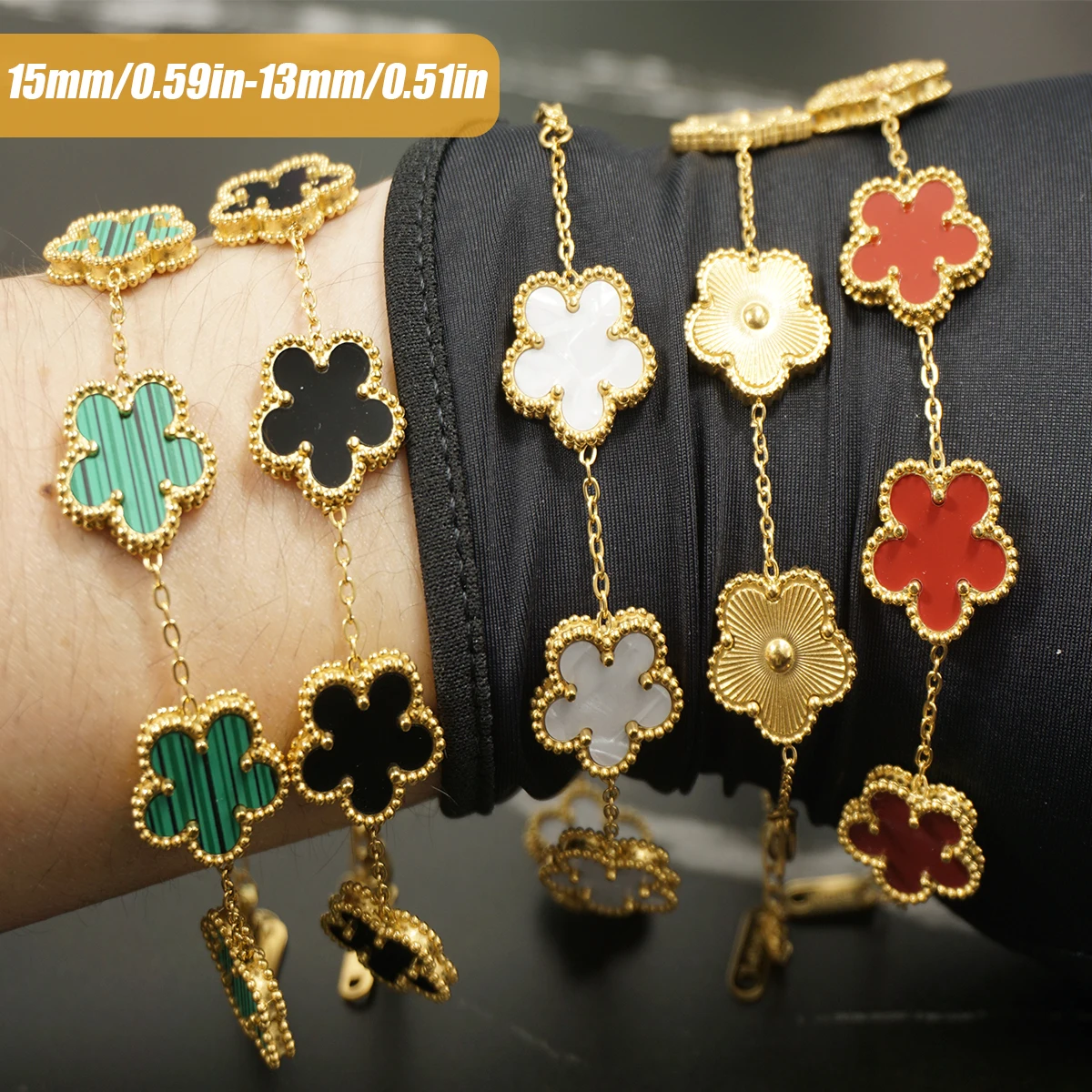 Y2K Style Metal Double Sided Plum Blossom Plant Five Leaf Flower Adjustable Bracelet Stainless Steel Luxury Women's Clover 1PC