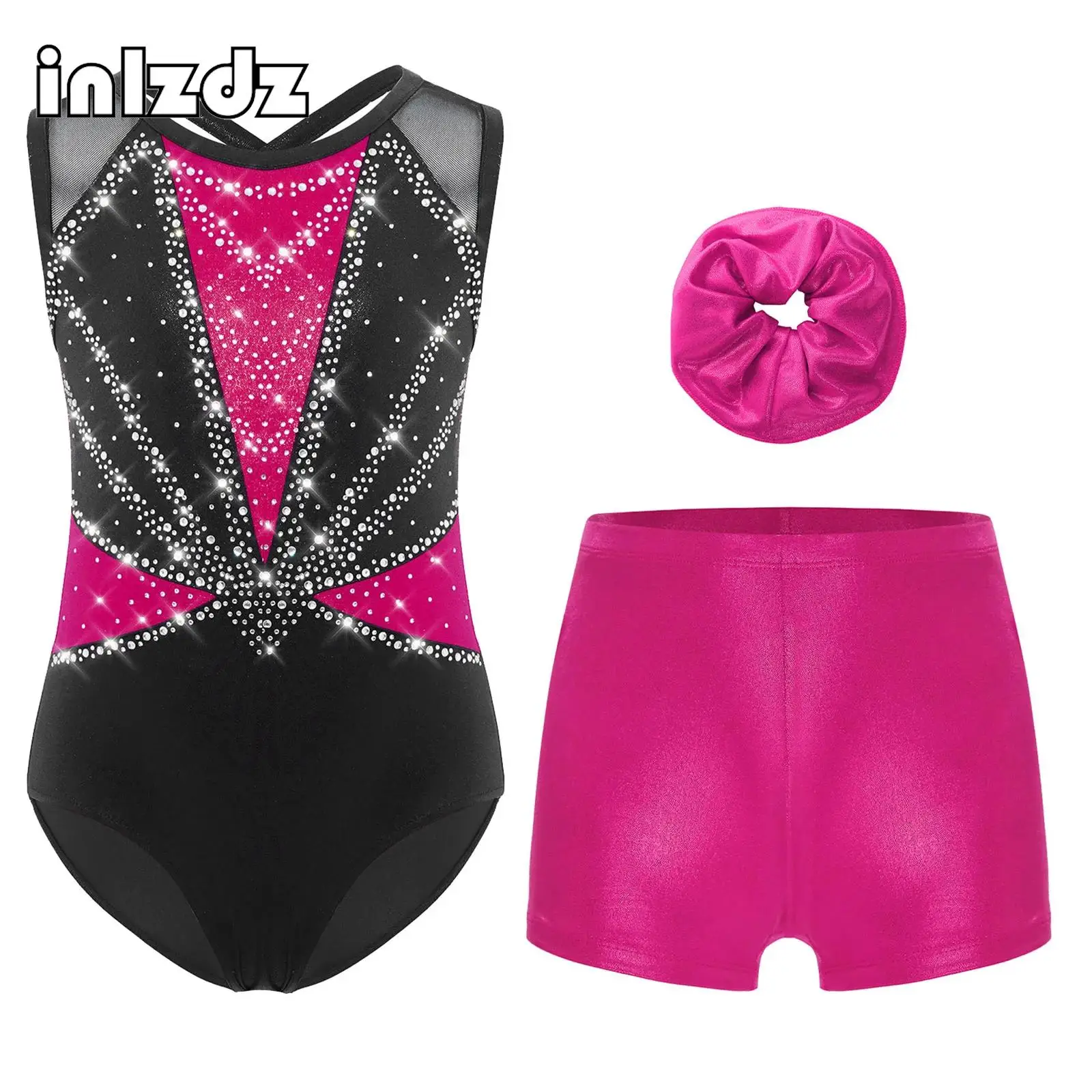 

Kids Girls Dance Gymnastics Costume Sleeveless Crisscross Back Rhinestones Color Block Metallic Leotard with Shorts Hairband