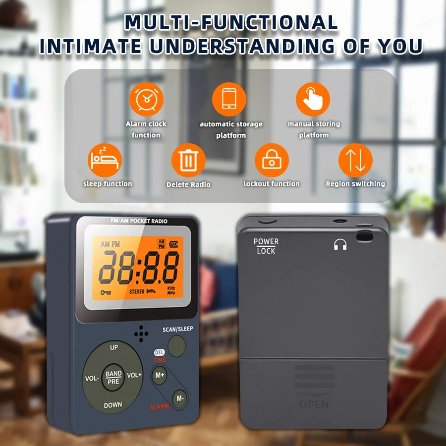 Digital Radio, FM/AM, 2 Band Stereo Music Receiver, Portable Pocket Radio with Headphones, LCD Screen, 2xAAA Dry Battery Powered