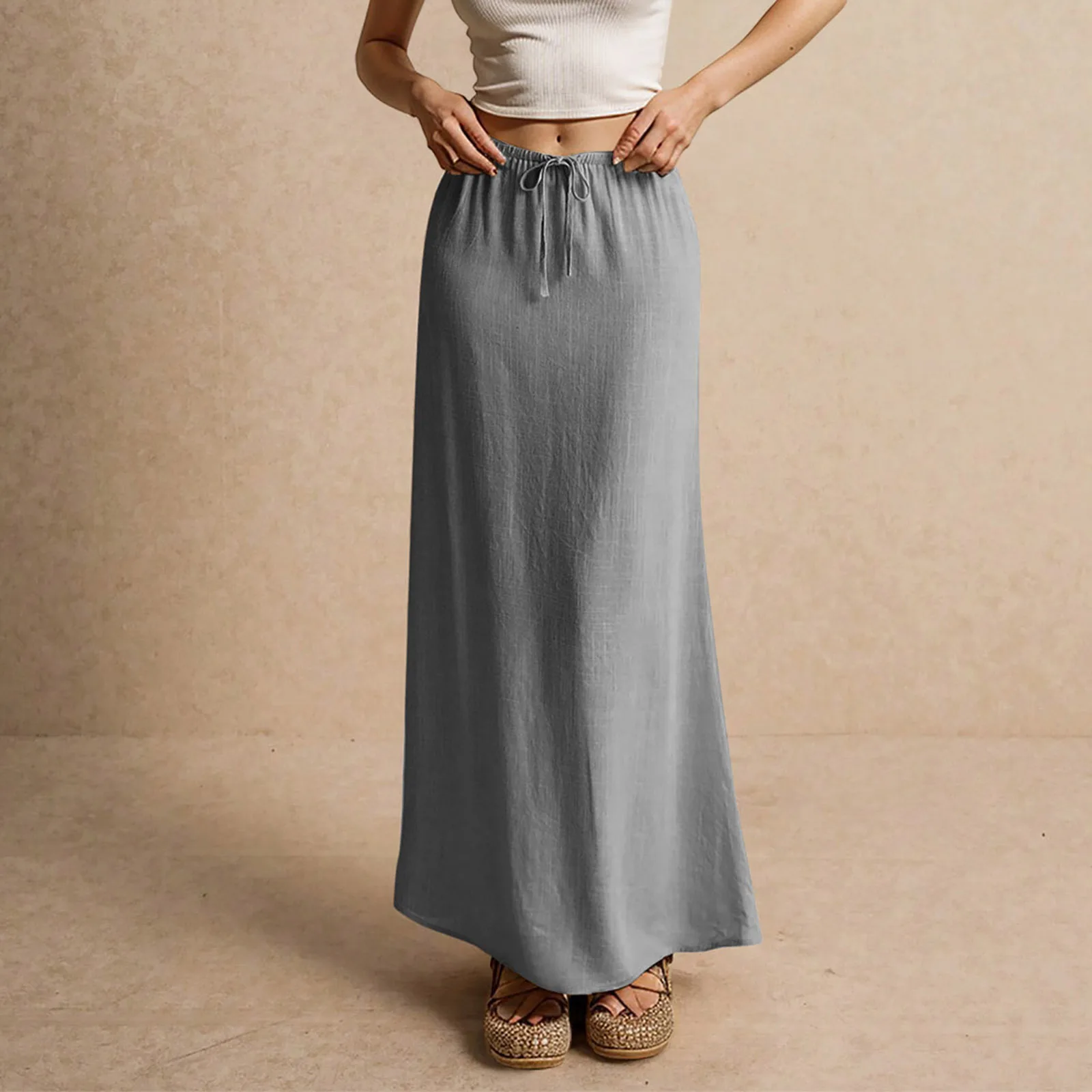 Vintage Solid Color Elastic Waist Long Skirt for Women Casual Loose Fit Maxi Skirt Summer Classic Simple Straight Skirts