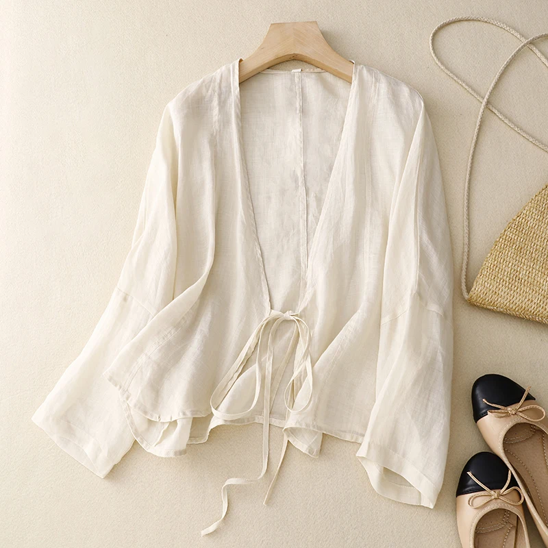 

Retro Art V-Neck Cotton Linen Belted Open Cardigan Sun Protection Loose Women's Summer Shirt Outerwear Cool Casual Shirt