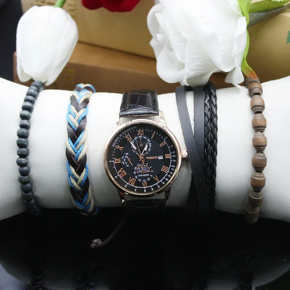 นาฬิกาโครงกระดูกสำหรับผู้ชาย5ชิ้นประกอบด้วยกล่องสร้อยข้อมือนาฬิกาควอตซ์หรูหราของผู้ชายคลาสสิกดั้งเดิมสำหรับตกแต่ง