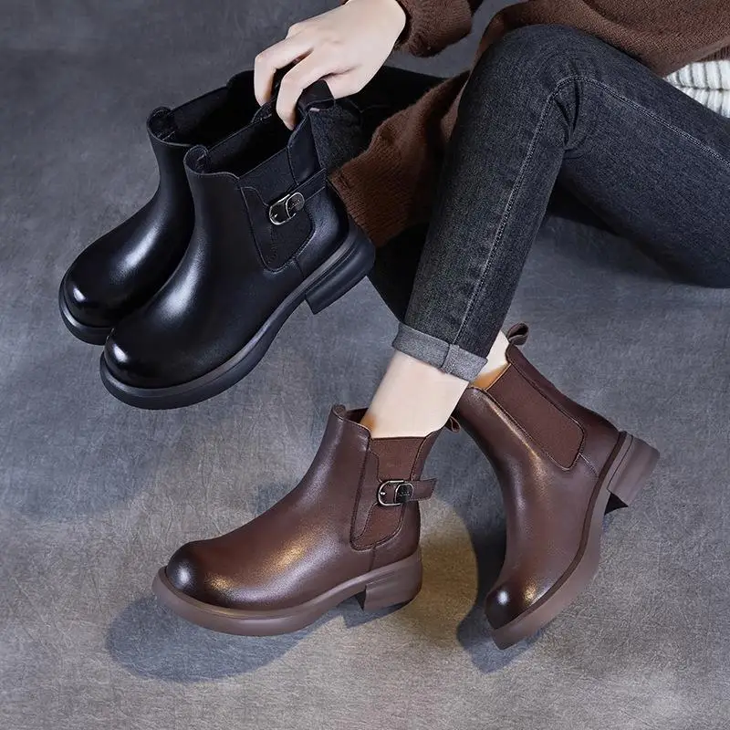 

Burgundy Leather Chelsea Boots Women's Fashion Booties Winter Warm Fleece Low Top round Toe Thick Heel Rubber Outsole Boots