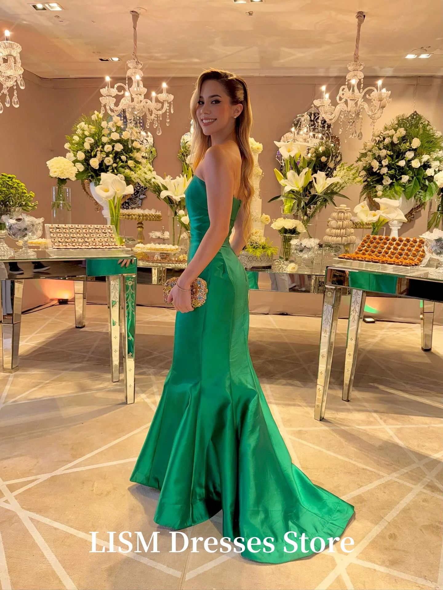 فساتين سهرة حورية البحر بدون حمالات من LISM مصنوعة من الحرير الأخضر والساتان مخصصة أنيقة طويلة للحفلات الراقصة مناسبة خاصة رداء السهرة #4