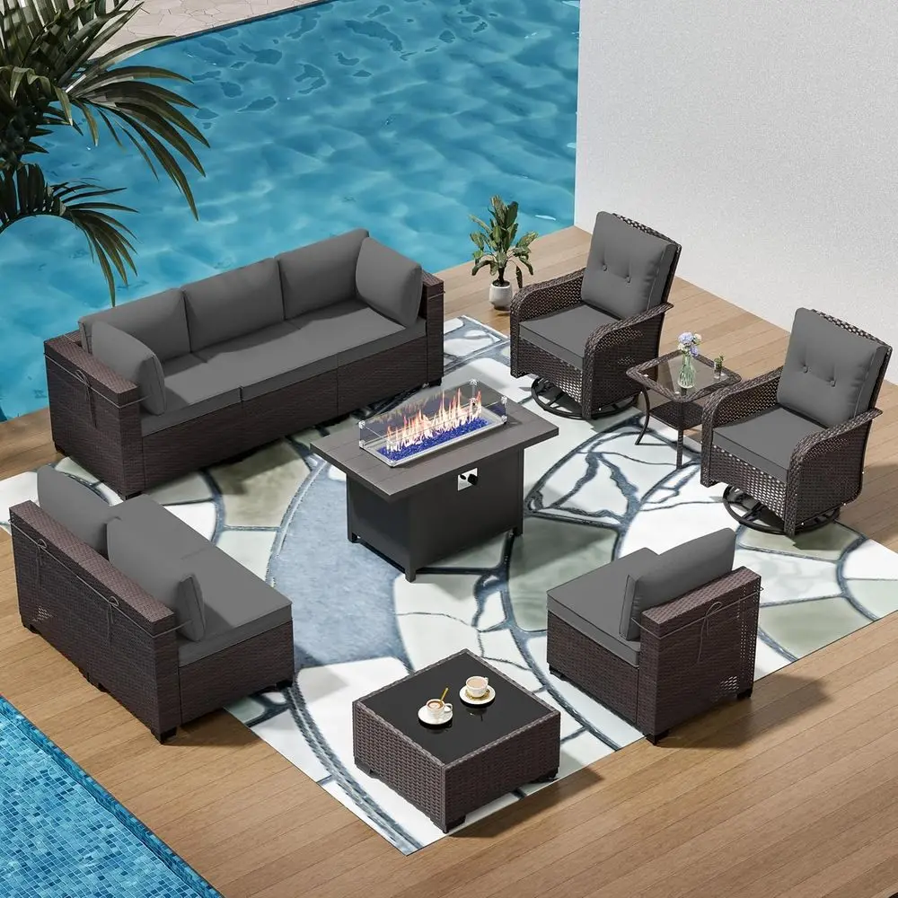 

Комплект садовой мебели из 11 предметов с газовым пропановым столом-очагом (45 дюймов) и секционными сиденьями из искусственного ротанга, вращающийся качающийся диван