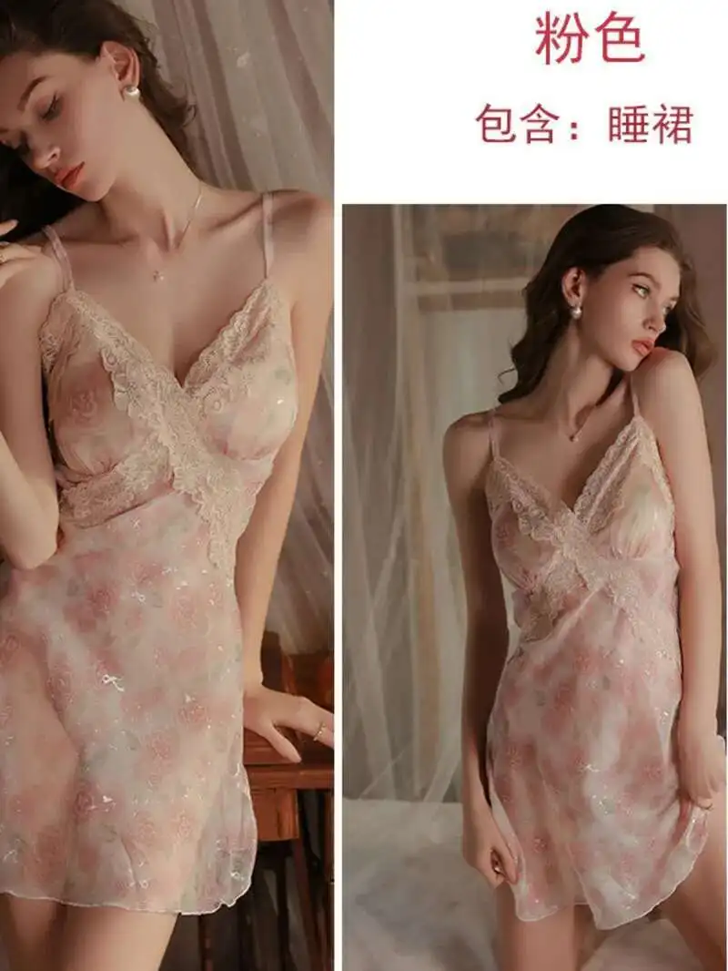 مثير الوردي جديد الشيفون زهر الكرز الوردي خليط الدانتيل الرغبة النقية الحلو الشيفون منامة الساخن مع وسادة الصدر فستان J6K1