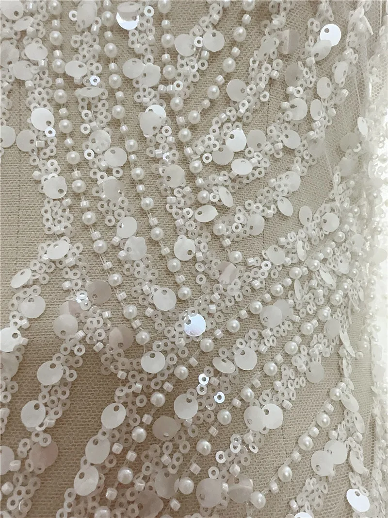 2024 New Style White Gorgeous Strip Unique Style Fashion High Quality Pearl Bead Sequins Wedding Dress Gown Lace Fabric