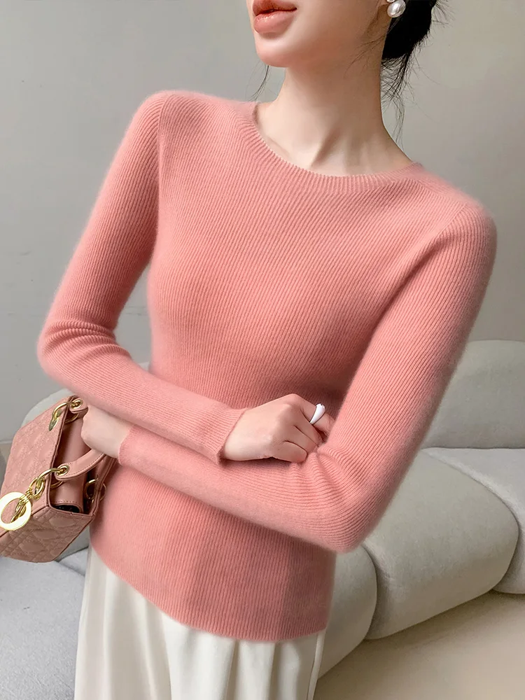 Women's O-neck Elegant Slim Solid Ribbed Knitwear 100% Merino Wool Sweater Pullover Basic Long Sleeve Cashmere Spring Autumn Top