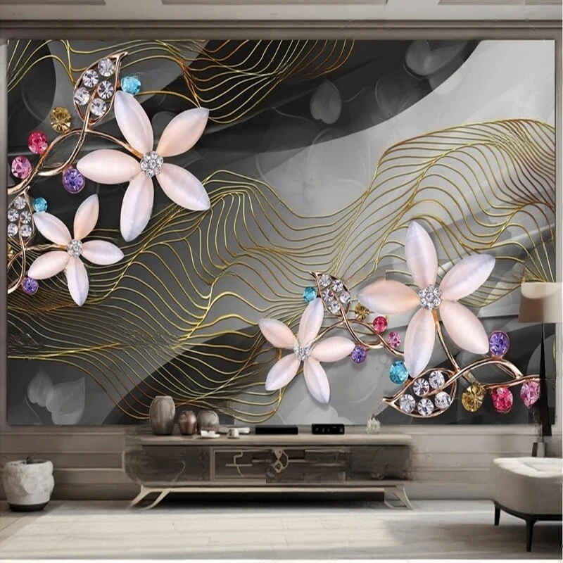 

MU8882 Custom wall paper Nordic light luxury line flower TV sofa background wall paper mural living room